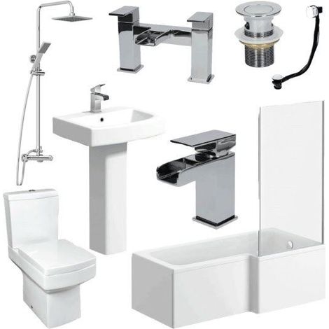 Complete Bathroom Suite 1600 L Shape Bath RH Screen Basin Toilet Taps Shower (1/5)