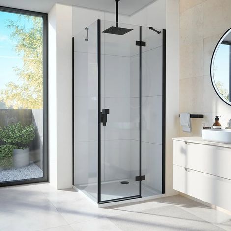 Cabine de douche 70x90 cm avec ouverture battante côté droit avec charnières et paroi fixe profilés noir mat et verre transparent 8 mm h195 Fiji (1/3)