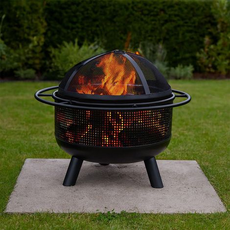 Feuerstelle mit funkenschutz und schurhaken - schwarze metallschale
