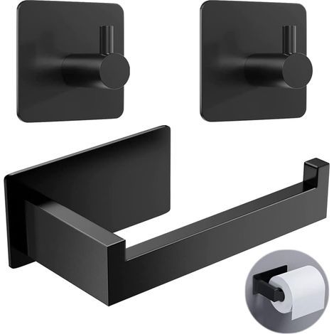 Porte-papier toilette sans perçage, noir, avec 2 crochets porte-serviettes, en acier inoxydable auto-adhésif, pour la cuisine et la salle de bain. (1/4)