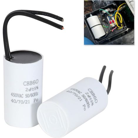2 Condensateur de Démarrage 2µF 450V CBB60, Condensateur de Moteur 2uf avec Boîtier Plastique, Capacités de Démarrage et de Service, Relais Applications Industrielles, 25  48 mm pour Haute Puissance (1/5)