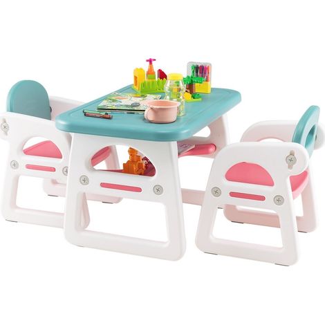 COSTWAY 3 PCS Kids Table & Chairs Set Children Toddler Activity Desk Set-Blue (1/5)