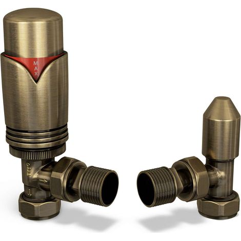 Derry Bold - Antique Brass Thermostatic Radiator Valve & Lockshield Angled 8mm