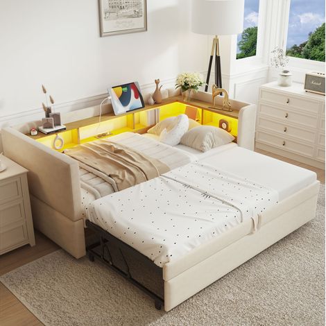 Sofá cama 90/180x190 cm beige en franela con LED, enchufes y estantes (1/5)