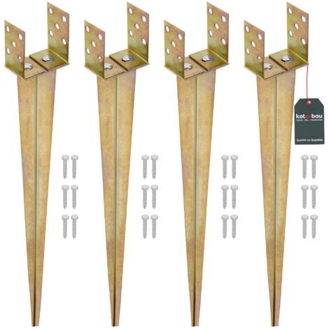 4 Pièces Support de Poteau Réglable - 0-125 mm - Acier Galvanisé - 70 cm - Doré - Support Poteau a Enfoncer - Ancrage Balancoire - Ancre a Enfoncer - pour Poteaux Bois-NANOTEH (1/5)