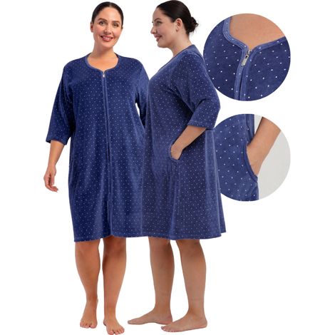Bata de terciopelo Vienetta para mujer, talla 7XL, con cremallera y bolsillos con cremallera. (1/5)