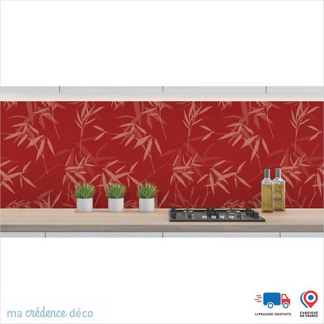 Crédence : Feuilles et bambou 2 - Couleur Rouge carmin - Alu composite - 120 - 60 (1/3)