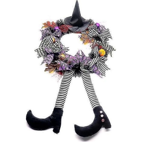 Couronne d'Halloween avec nœud papillon, jambes de sorcière, couronne de feuilles d'érable, guirlande artificielle à suspendre pour la porte d'entrée, décoration murale pour une fête d'Halloween ou la