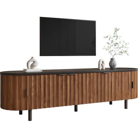 Meuble TV noyer 170x40x47 cm, 5 portes rainurées, côtés arrondis, pieds et poignées fer, 50 kg (1/5)