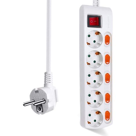 Multiprise avec 5 Prises + 5 interrupteurs individuels, 1 Interrupteur Principal, 3680 W, 250 V, 1,5 m, Blanc, 1 pièce (1/5)