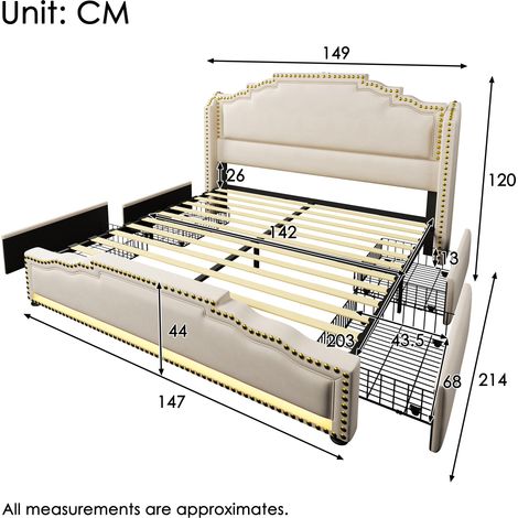 Lit rembourré 140×200, lit double avec 4 tiroirs, éclairage LED et port de charge USB-C, lit rangeable et lit jeunesse avec base à lattes, velours, beige, sans matelas (1/5)