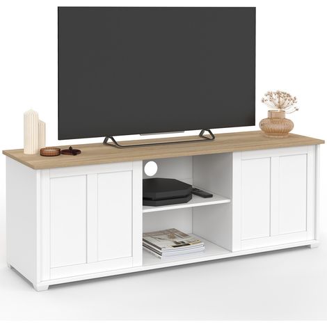 Meuble TV 140 cm JANGO 2 portes coulissantes blanc et plateau bois (1/5)