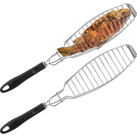 Relaxdays Panier à brochettes en lot de 2, acier inox, manche en caoutchouc, 58,5 cm de long, pour grillades, argenté