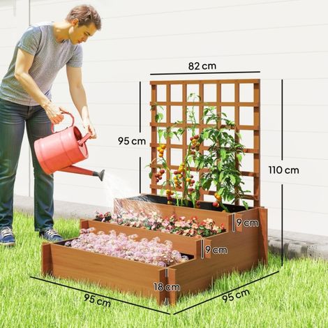 Bac surélevé en bois de sapin marron 3 niveaux avec treillis pour plantes grimpantes et doublure en feutre, 95 x 95 x 110 cm, résistant aux intempéries pour jardin extérieur