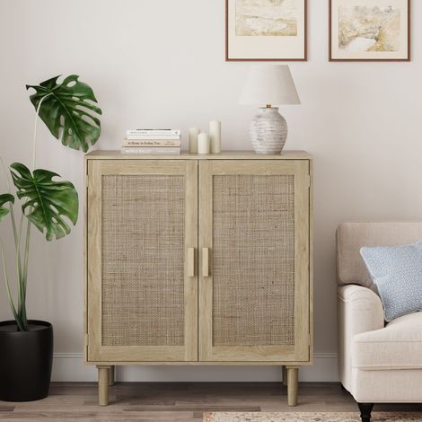 Buffet armoire de rangement 80cm rotin 2 portes salon salle à manger couloir bois pratique élégant robuste facile à utiliser et sécurisée pour famille (1/5)