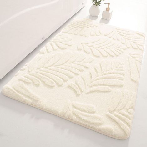 Badteppich aus saugfähigem Plüsch – Blattmuster – Beige und Weiß – 40x60 cm
