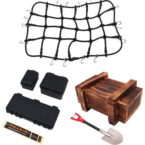 Lot de 6 accessoires de barres de toit de voiture télécommandées avec filet de chargement mini boîte à outils pelle en bois pour camion sur chenilles 1/10 RC voiture RC compatible avec TRX4 SCX10/D90 (1/5)