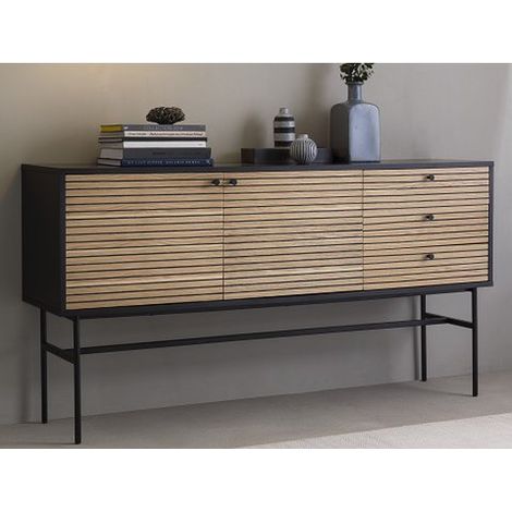 Buffet scandinave 2 portes et 3 tiroirs en MDF noir et placage en chêne véritable - PANGIVO (1/4)