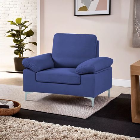 Modern One Seater Sofa Blue Fabric with Chrome Feet - Comfortable Couch with Cushion for Living Room, Bedroom or Office (1/5)