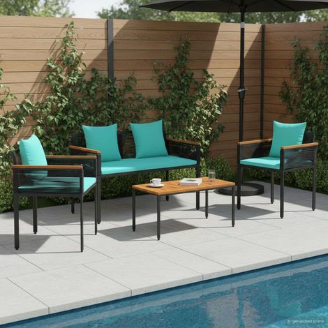 Gartenmöbel Set mit Kissen Schwarz und Türkis Poly-Rattan (1/5)