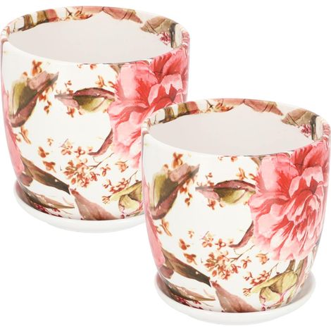 KOTARBAU Lot de 2 pots de fleurs en céramique pour fleurs, plantes, diamètre 20 cm avec bac d'égouttement et fleurs (1/5)