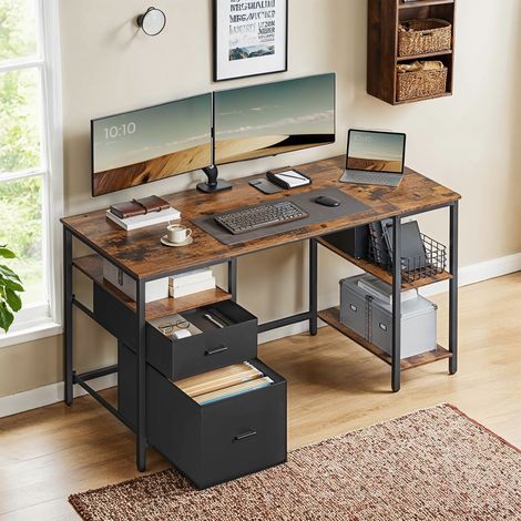 Bureau d’Ordinateur, 3 Étagères, 2 Tiroirs, 140 x 60 x 76 cm, Marron et Noir (1/5)