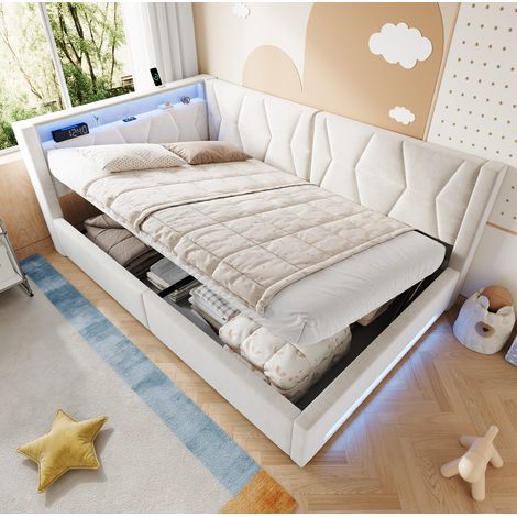 Letto imbottito 140/200 cm beige in velluto con contenitore, LED, USB e Type-C (1/5)