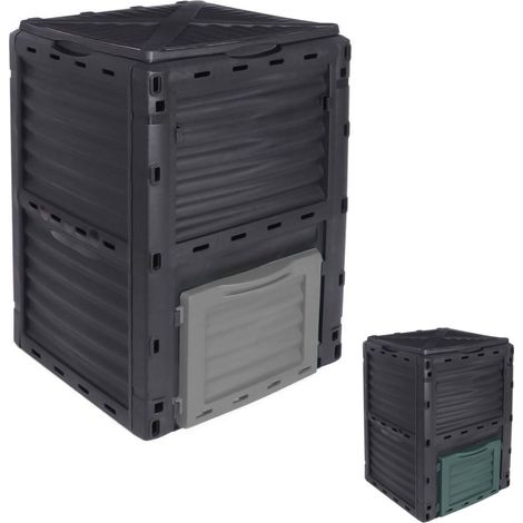 Linxor – Composteur 300 L en polypropylène – Couleur noir avec trappe coulissante grise – Résistant aux intempéries – Pour déchets organiques