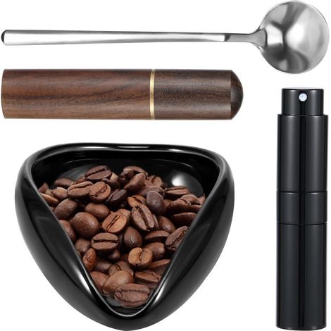 4-teiliges Set für schwarzen Keramik-Kaffeespender (bestehend aus einem Kaffeebohnenspender, einer 10-ml-Gießkanne und einem Kaffeemesslöffel aus Stoff für Espresso)