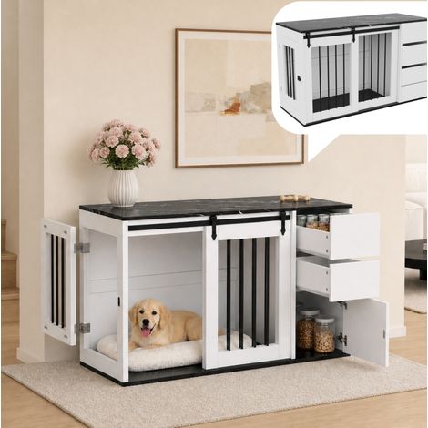 MODFU – Cuccia per cani 2-in-1 140x60x87 cm con ante scorrevoli, cassetti e struttura in MDF bianco – Bianco (1/5)