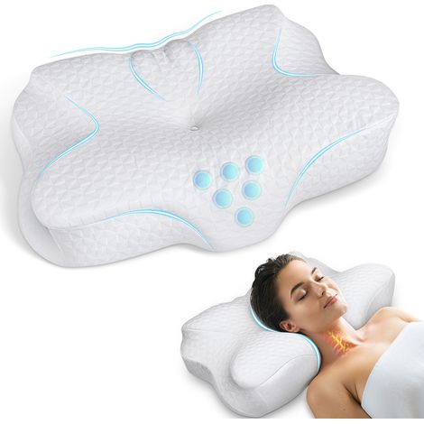 Oreiller Ergonomique Cervical, Oreiller à Mémoire de Forme, Soutien Cervical, Taie en Soie Glacée Respirante, Confort Optimal, Blanc (1/5)