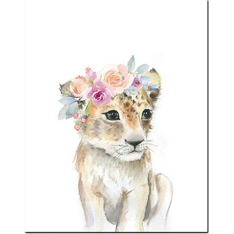 Tableau décoratif sur toile avec couronne de fleurs et animaux, affiche pour chambre d'enfant (girafe, éléphant, lion), motif animalier.
