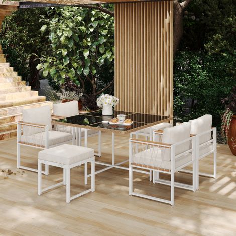Set di mobili da giardino da 7 pezzi con 4 sedie in rattan PE, piano con corrimano in legno di acacia, tavolo in vetro temperato, bianco e naturale (1/5)