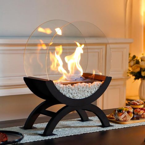 Grande cheminée de table ronde de 31 cm de haut, bol à feu portable, foyer en verre au bioéthanol à combustion pure, sans ventilation, pour événements de fête sur patio intérieur et extérieur (noir) (1/3)