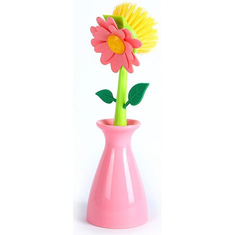 BEBUSINGOTO Küchentopf-Waschbürste, Spülbürste mit langem Griff, kreative Blumen-Spülbürste mit Halter, zum Reinigen von Küchenutensilien (Pink) (1/5)