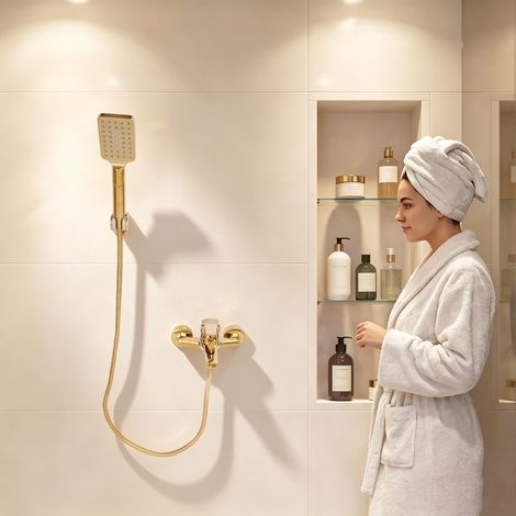Ensemble de robinetterie de baignoire doré avec douchette à main, mitigeur de baignoire à levier unique avec support de douchette et flexible de douche (1/5)