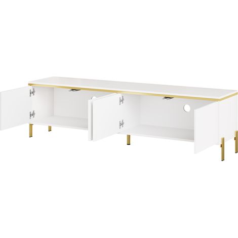 Ensemble meuble TV et table basse blanc brillant avec éléments dorés et espace de rangement (1/5)