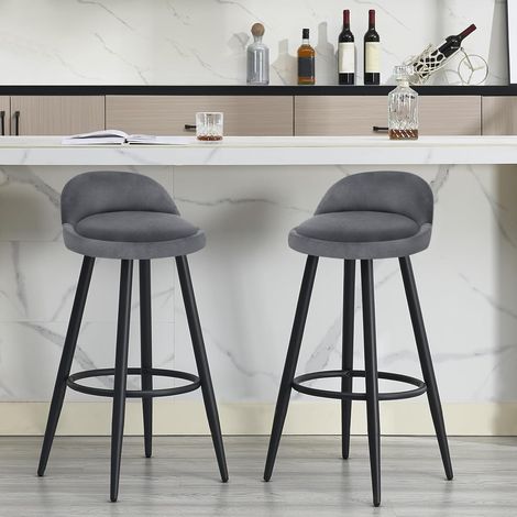 WOLTU 2x Taburete de Bar, Silla de Cocina, Respaldo Alto con Reposapiés, Terciopelo y Metal, Gris Oscuro