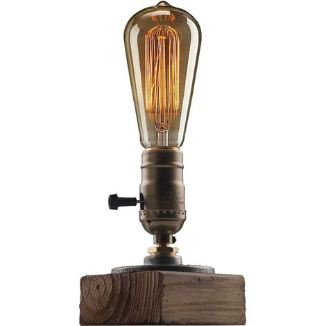 Lampe de bureau industrielle steampunk - Lampe de table vintage en tuyau de vapeur - Lampe rétro en fer forgé avec douille E26 - Style loft minimaliste - Socle en bois (1/4)