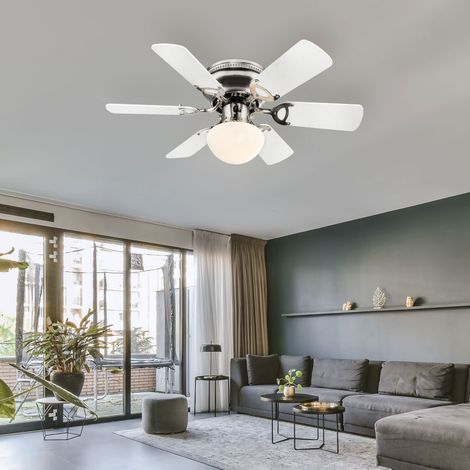 Ventilateur de plafond avec interrupteur à tirette Lampe LED de salon Avance-Retour Lampe de chambre à coucher, 3 vitesses, pales réversibles, 1x E27 LED blanc chaud, DxH 76x28 cm (1/5)