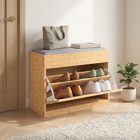 Banc à chaussures dans l'entrée, banc de rangement en bambou, assise rembourrée, porte en rotin et étagère réglable, bois naturel (1/5)