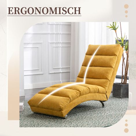 Chaise Longue Fixe avec Soutien Complet du Corps, Vibration Douce et Poche Latérale, Revêtement en Lin avec Boutons Capitonnés, pour Salon et Bureau, Jaune Moutarde (1/5)