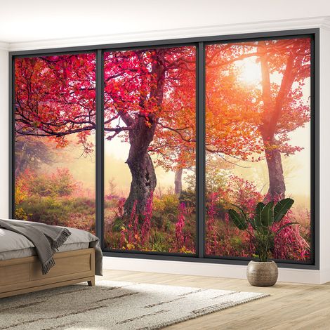 Papier peint panoramique Trompe l'oeil baie vitrée - Arbres feuilles rouges - 130 cm x 78 cm (1/5)