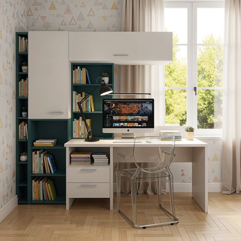 Angolo studio multifunzionale con libreria a profondità variabile e cassettiera integrata - Bianco e Petrolio