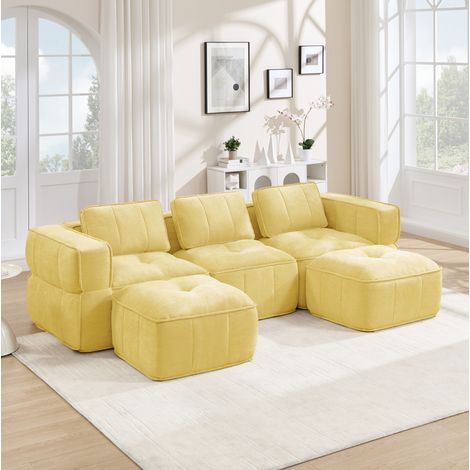 Sofá modular en U de 3 plazas 271x162x67 cm de poliéster amarillo con 2 pufs - MEUBLIV (1/5)