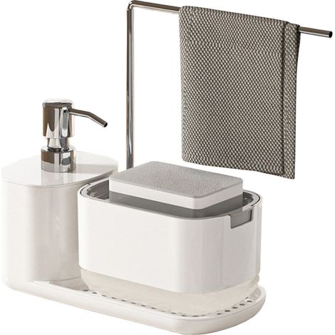 Set dispenser per sapone liquido per mani e piatti, con porta spugna, contenitore a pressione e organizer per la casa. (1/4)