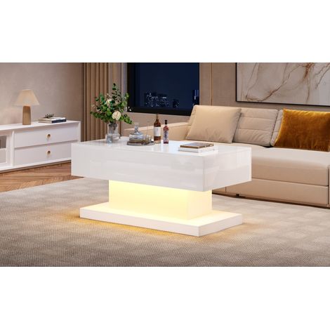 Table basse relevable 100 x 50 x 45 cm, plateau coulissant, rangement intégré, éclairage LED, finition blanc brillant (1/5)