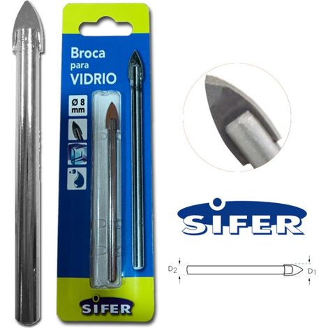 SIFER sifer broca para cristal ø8 mm , Vídrio, cerámica, azulejos, porcelana.Punta recta y base cilíndrica. Superficie de níquel.