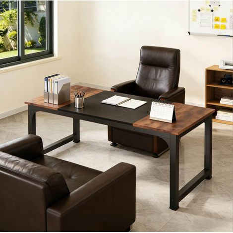 REDOM - Mesa de reunión compacta, escritorio grande para ordenador, metal y madera, negro y marrón rústico (1/5)