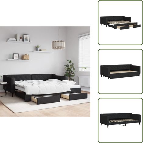 The Living Store Tagesbett Ausziehbar mit Schubladen Schwarz 90x200 cm Stoff - Schlafsofa - Doppelbett - Gästebett - Tagesbett - Wohnzimmer Möbel (1/5)